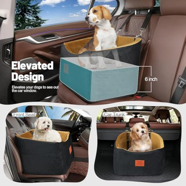 Dog Car Seat for Small Medium Dogs, Memory Foam Booster Car Seat for Dogs up to 35 lbs, Elevated Pet Car Seat, Travel Bed with Washable Removable Cover and Storage Pockets (Black/Coffee)