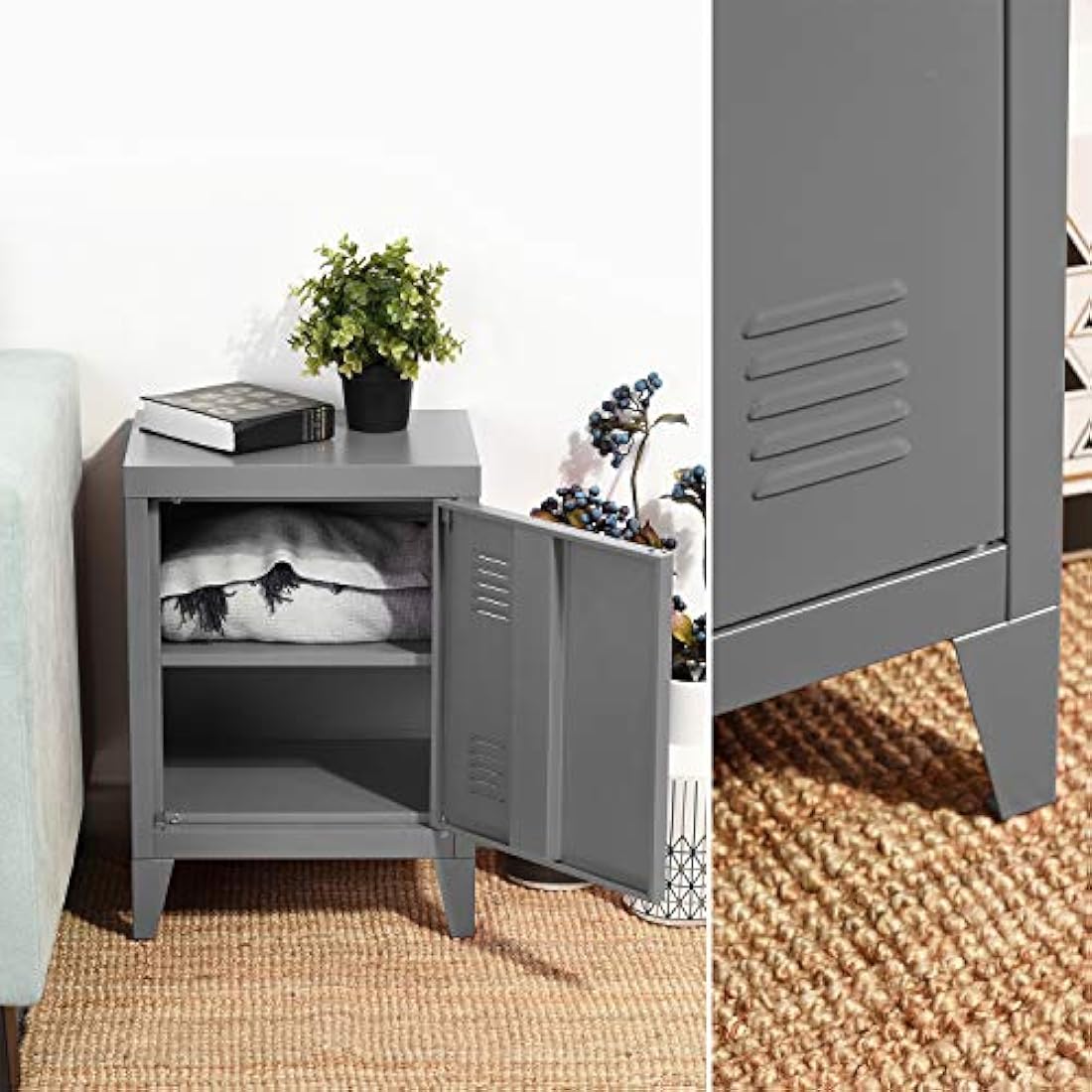 Homybec Small Metal Cabinet 1-Door, Free Standing 2 Tier Shelves Bedside Nightstand Cupboard, Side Storage Organizer for Home Office Study Bedroom Living Room, Grey, 57.5 x 40.5 x 30.5 cm