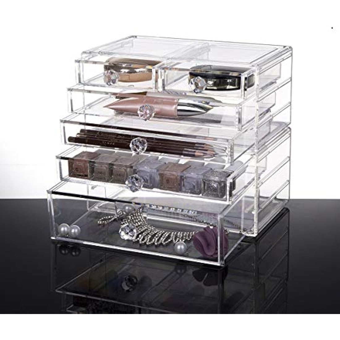 iPEGTOP Acrylic Makeup Organizer Cosmetics Storage Case, Large 6 Drawers Stackable 2 Pieces Clear Makeup Organiser Jewelry Lipstick Holder Display Box for Vanity, Bathroom Counter