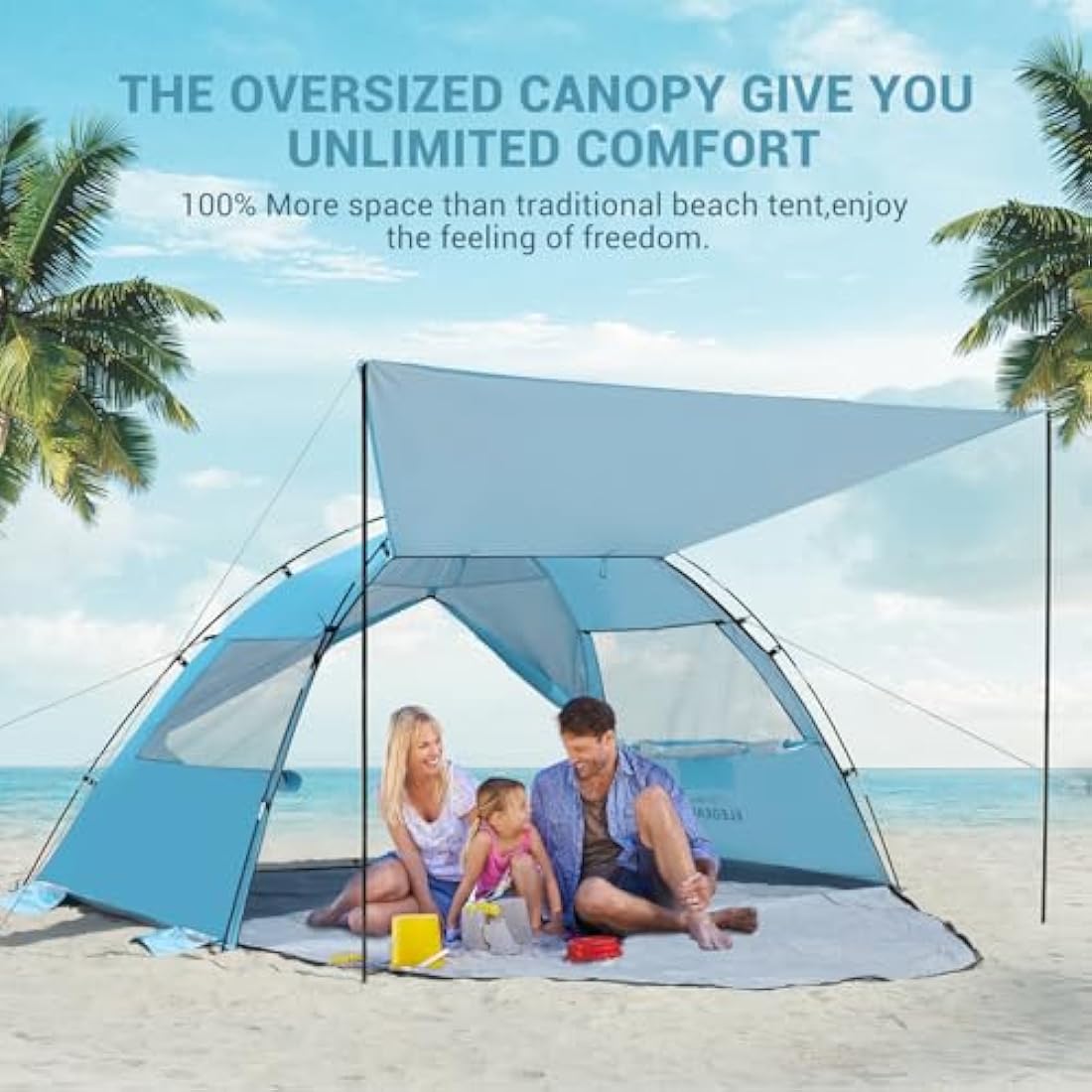Elegear Beach Tent for 4-5 Person with Extra Large Canopy, Portable Sun Shelter Tent with UPF 50+ UV Protection, Beach Shade with Expandable Porch, Easy Setup Sun Tent for Beach, Camping, Fishing