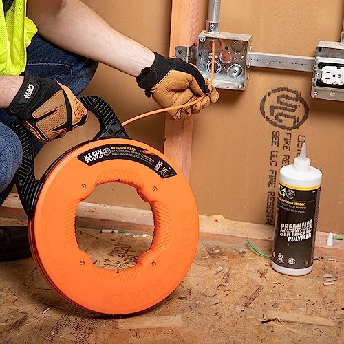 KLEIN TOOLS 56382 Fish Tape, Multi-Groove Fiberglass Wire Puller with Nylon Tip, Optimized Housing and Handle,Orange/Black, 15 m