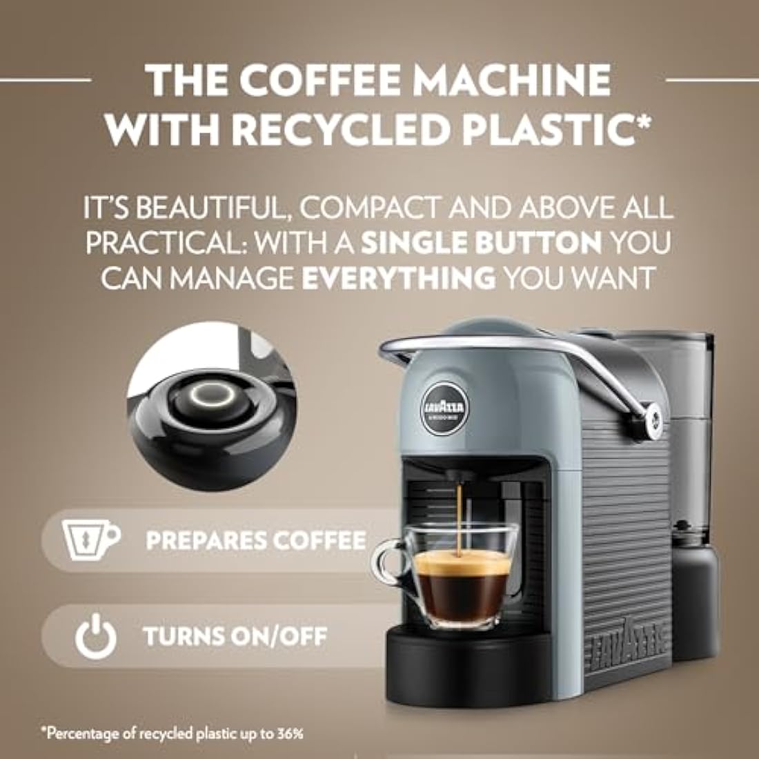 Lavazza, A Modo Mio Jolie EVO, Coffee Capsule Machine, Made from 36% Recycled Plastic, Compatible with A Modo Mio Pods, with Removable Cup Rest, Automatic Shut-Off, 1250 W, 220–240 V, 50–60 Hz, Grey