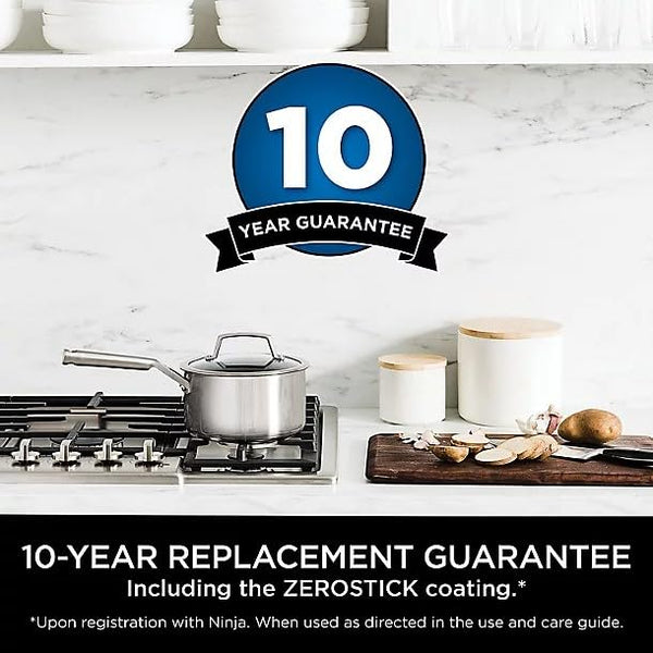 Ninja ZEROSTICK 5-Piece Pan Set, Long Lasting Non Stick,16cm, 18cm & 20cm Saucepans with oven-safe glass lids, 16cm Milk Pan, 24cm Frying Pan, Stainless Steel Cookware C6500UK