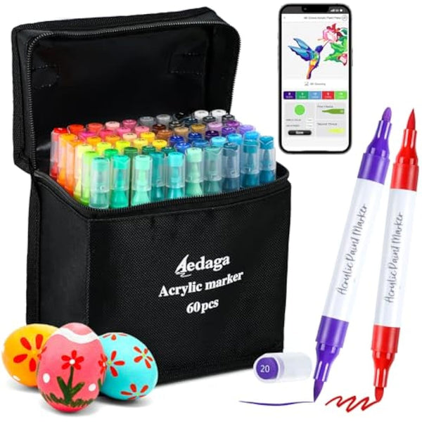 60 Colours Numbered Acrylic Paint Pens with Free App, Dual Tip Acrylic Paint Markers with Brush Tip and Fine Tip for Adults, Kids, Eggs, Wood, Rock, Canvas, Plastic, Stone, Glass, Ceramic