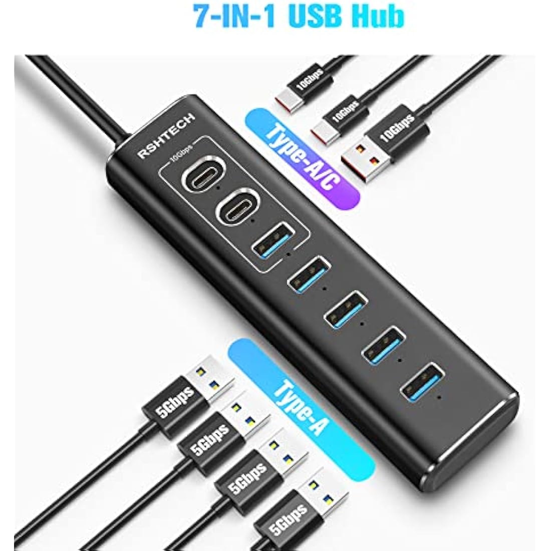 RSHTECH Powered USB 3.1/3.2 Hub, 7-Port USBC Hub with 3x 10Gbps Data Ports (2C+1A), 4x USB-A 3.0 and 12V/2A 24W Power Adapter, Aluminum USB3.2 Splitter with 3.3ft USB Cable (RSH-A107C)