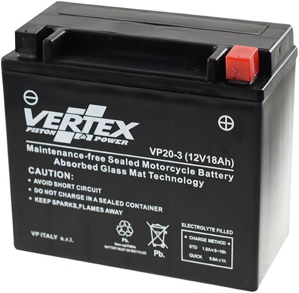 Vertex VP20-3 Sealed AGM Motorcycle Battery, 12V, 18Ah, CCA (-18) 270, Compatiable with: CTX20L-BS/CTX20HL-BS, Perfect battery for Motorcycle, ATV's, Personal Watercraft and Snowmobiles