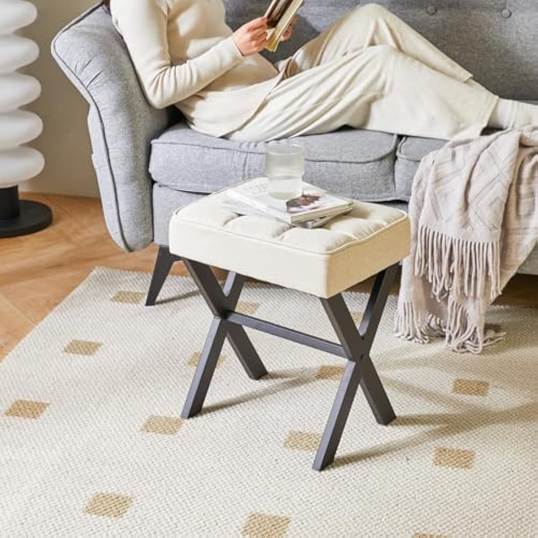 IBUYKE Square Makeup Stool with X-Leg Foot Rest, Linen Footrest, Ottoman Seat Vanity Stool, Multi-Use as Small Side Table, for Bedroom, Living Room, Linen L/G-70Y