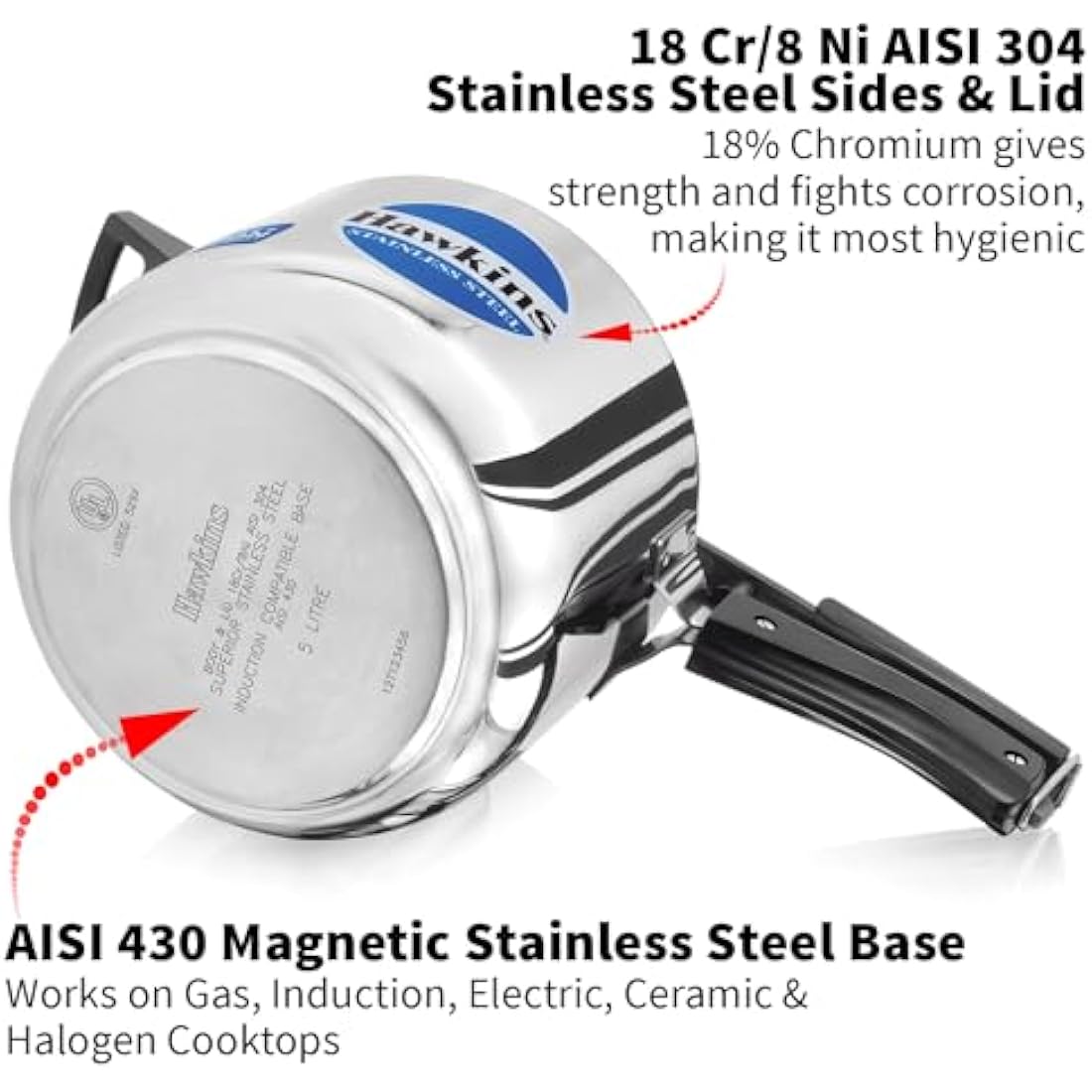 Hawkins 5 Litre Pressure Cooker, Stainless Steel Cooker, Induction Cooker, Silver (HSS50)