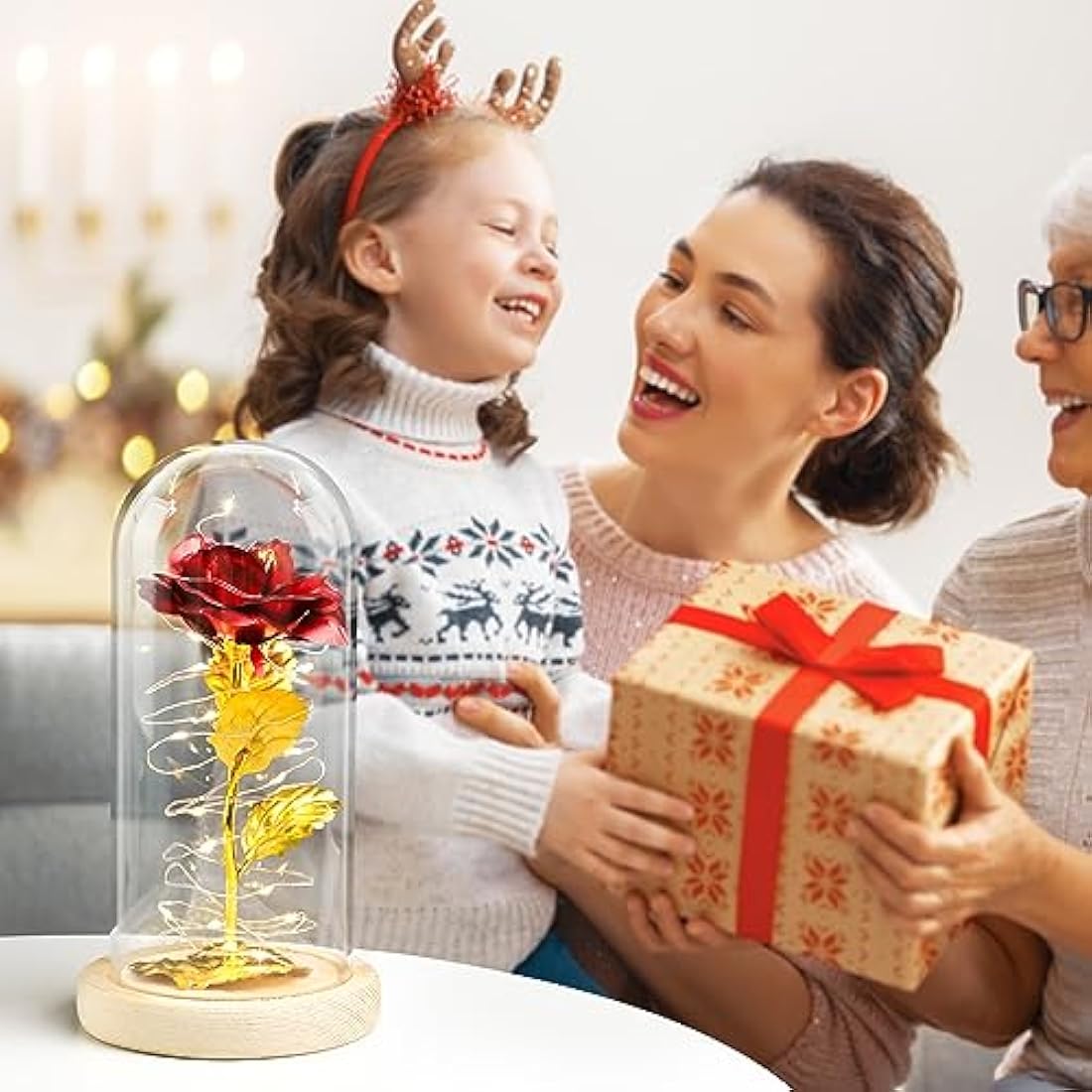 ADAZ 24K Eternal Rose for Women/Wife/Grandma/Girlfriend for Her Rose Flower Artificial Roses in Glass Dome with LED Light Strip on Mother's Day Valentine's Day,Anniversary