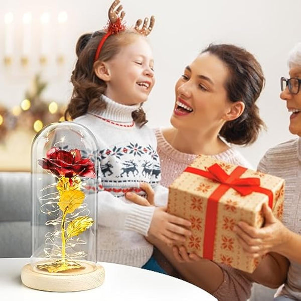 ADAZ 24K Eternal Rose for Women/Wife/Grandma/Girlfriend for Her Rose Flower Artificial Roses in Glass Dome with LED Light Strip on Mother's Day Valentine's Day,Anniversary