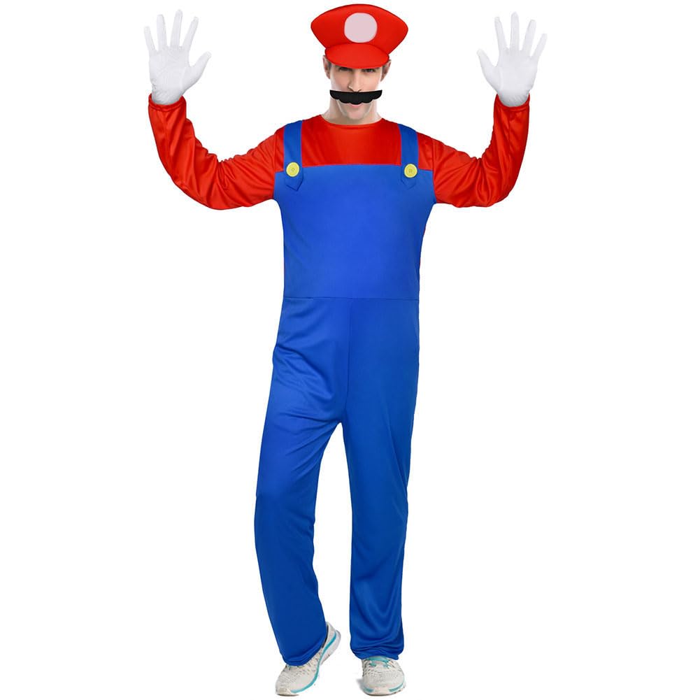 Aomig Mario Costumes, 4 Pack Mario Cosplay Costume Accessories Kits with Bodysuit, Luigi Hats Cap, Mustaches, White Gloves, Mario Luigi Bros Fancy Dress Outfit Costume for Women Men