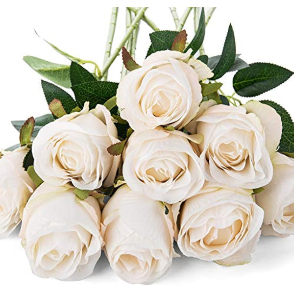 Flojery 10pcs Artificial Rose Flowers Long Stem Fake Silk Roses for DIY Wedding Bouquet Table Centerpiece Home Decor (White)