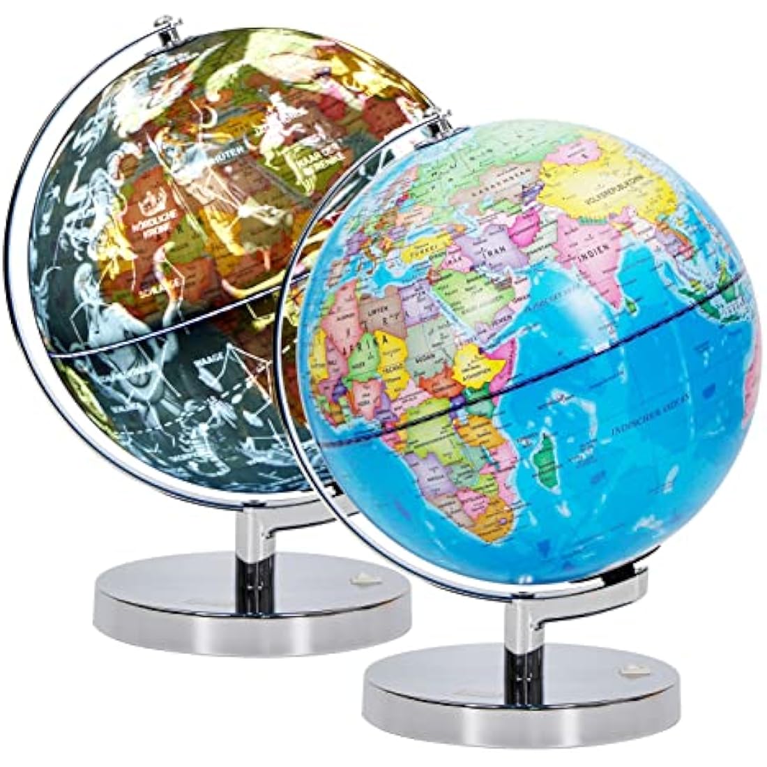 Exerz 23 cm Illuminated Globe Metal Base – German Map – Student Globe with Cable Free LED Lighting On – Political Map (Time of Day) – Constellation Stars (Night)