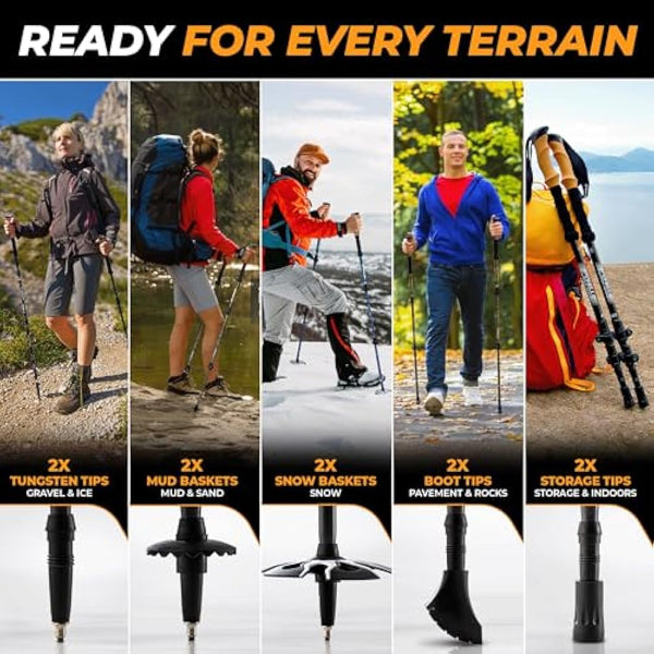 Foxelli Carbon Fiber Walking Poles – Collapsible, Lightweight, Shock-Absorbent Hiking Trekking Poles with Natural Cork Grips, Flip Locks, 4 Season/All Terrain Accessories & Carry Bag