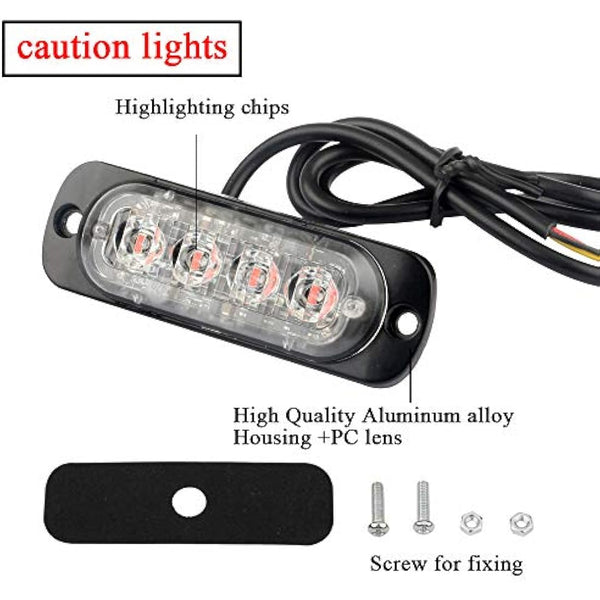 4pcs Ultra Thin 4LED Emergency Warning Lights Red Hazard Flashing Strobe Light Side Warning Light Beacon Light Universal for 12-24V Car Vehicle Truck Trailer Caravan Camper Motorcycle Van