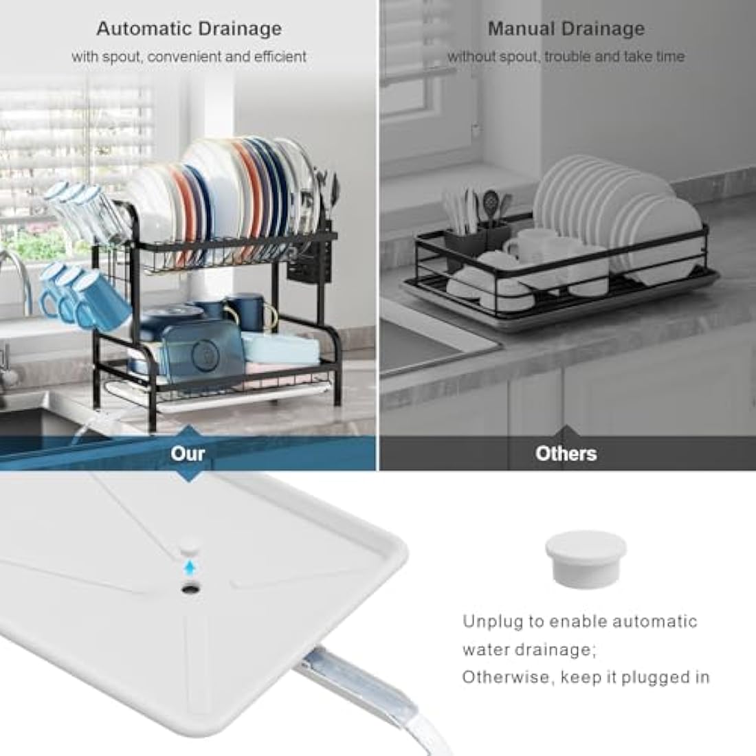 iSPECLE 2 Tier Dish Drainer Rack - Rustproof Dish Drying Rack with Automatic Drainage, Dish Rack with Drainboard and Cup Holder, Large Capacity Draining Board Rack for Kitchen Worktop, Black
