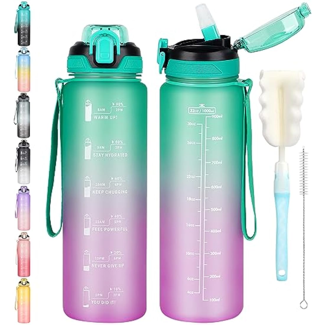 CodiCile 1L Water Bottle with Straw,Water Bottle Dishwasher Safe,Leak-proof Sports Drinks Bottle with Time Maker & Bottle Brush,Non-Toxic for Running,cycling, Gym, School & Office,Green Purple
