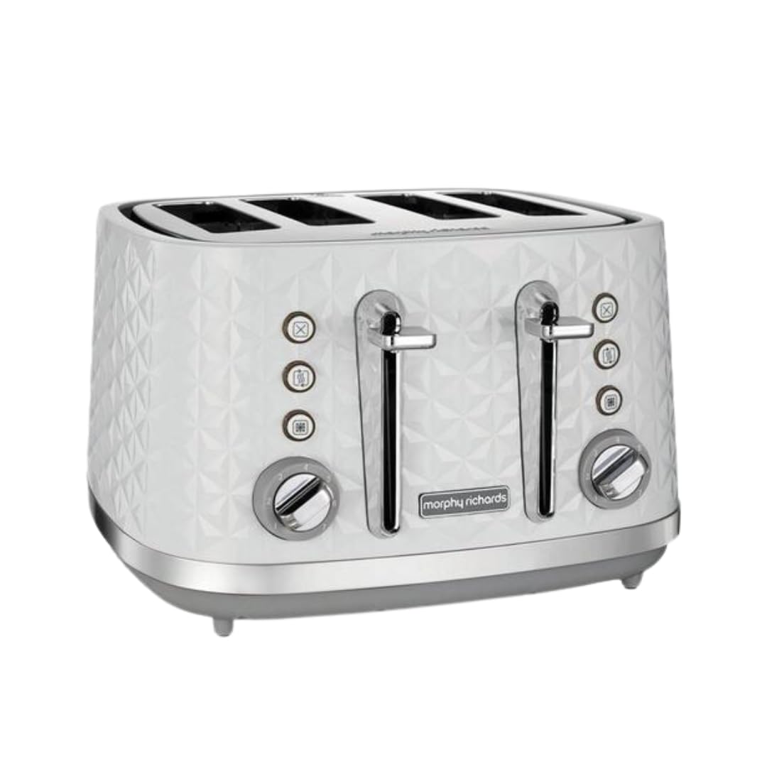 Morphy Richards Vector 4 Slice Toaster, High Gloss Geometric Design, Defrost and Reheat, Variable Width Slots, Removeable Crumb Tray,White, 248134