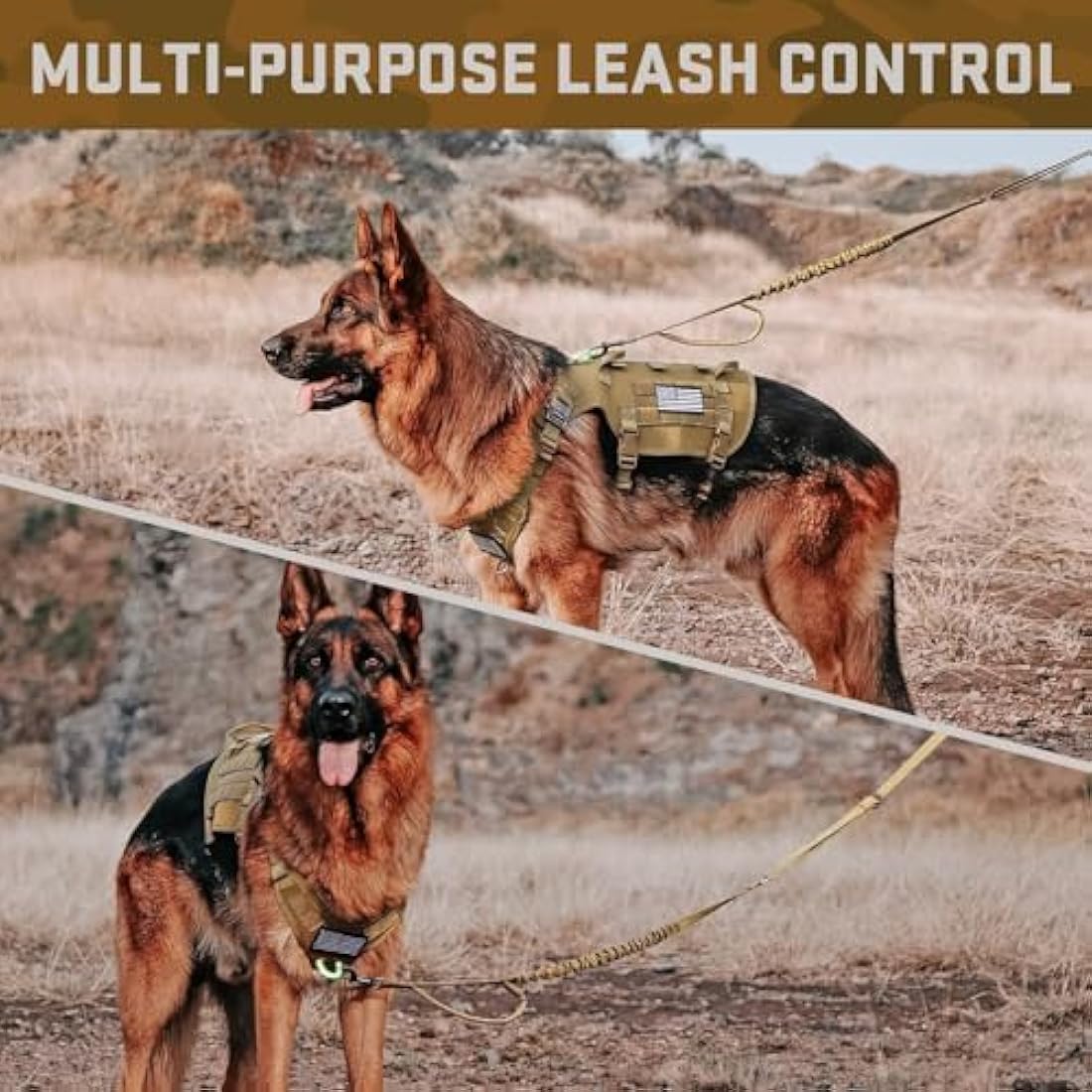 Forestpaw Tactical Dog Vest Harness & Military Dog Collar w/ Bungee Leash Set - No Pull Control - Backpack - Coyote Brown M/L