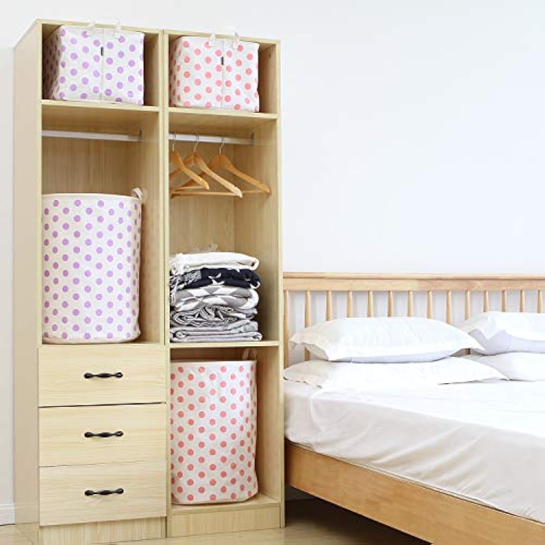 Sea Team 19.7 Inch Large Sized Waterproof Coating Ramie Cotton Fabric Folding Laundry Hamper Bucket Cylindric Burlap Canvas Storage Basket with Stylish Pink Dot Design