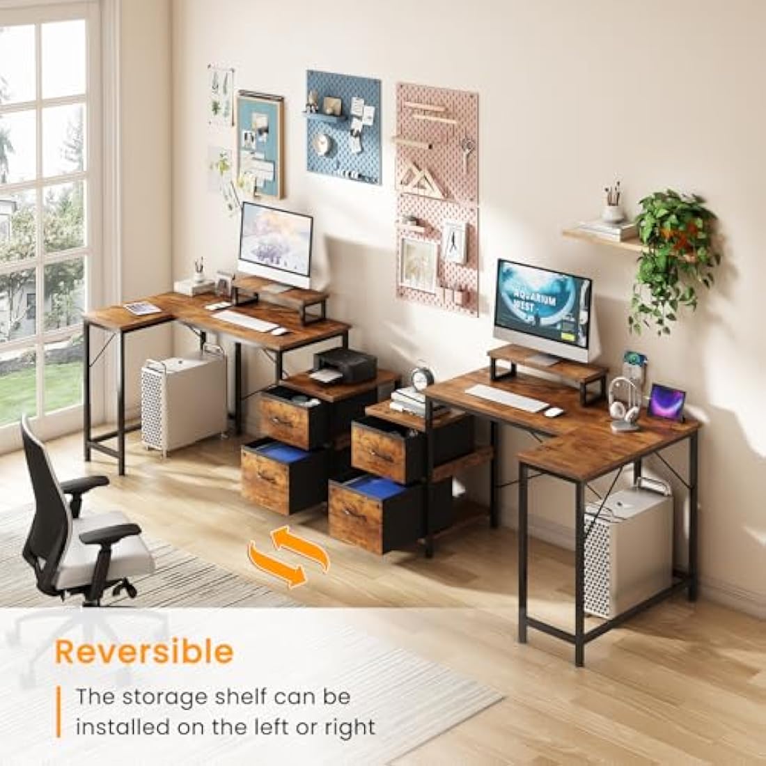 Dripex L Shaped Desk with Filing Drawer & Storage Drawer Compact Corner Desk with Monitor Stand Reversible Computer Desk for Home Office Bedroom Small Space