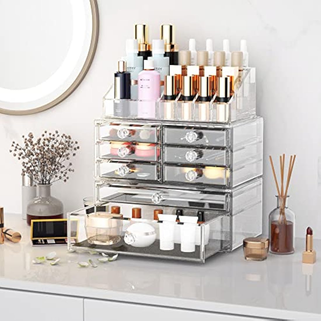iPEGTOP Large Clear Acrylic Cosmetic Make up Organiser, 3 Tier Stackable 8 Drawers Makeup and Jewelry Storage Boxes Lipsticks Nail Polish Brushes Display Organizer for Bathroom Counter Dresser