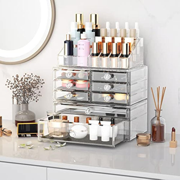 iPEGTOP Large Clear Acrylic Cosmetic Make up Organiser, 3 Tier Stackable 8 Drawers Makeup and Jewelry Storage Boxes Lipsticks Nail Polish Brushes Display Organizer for Bathroom Counter Dresser