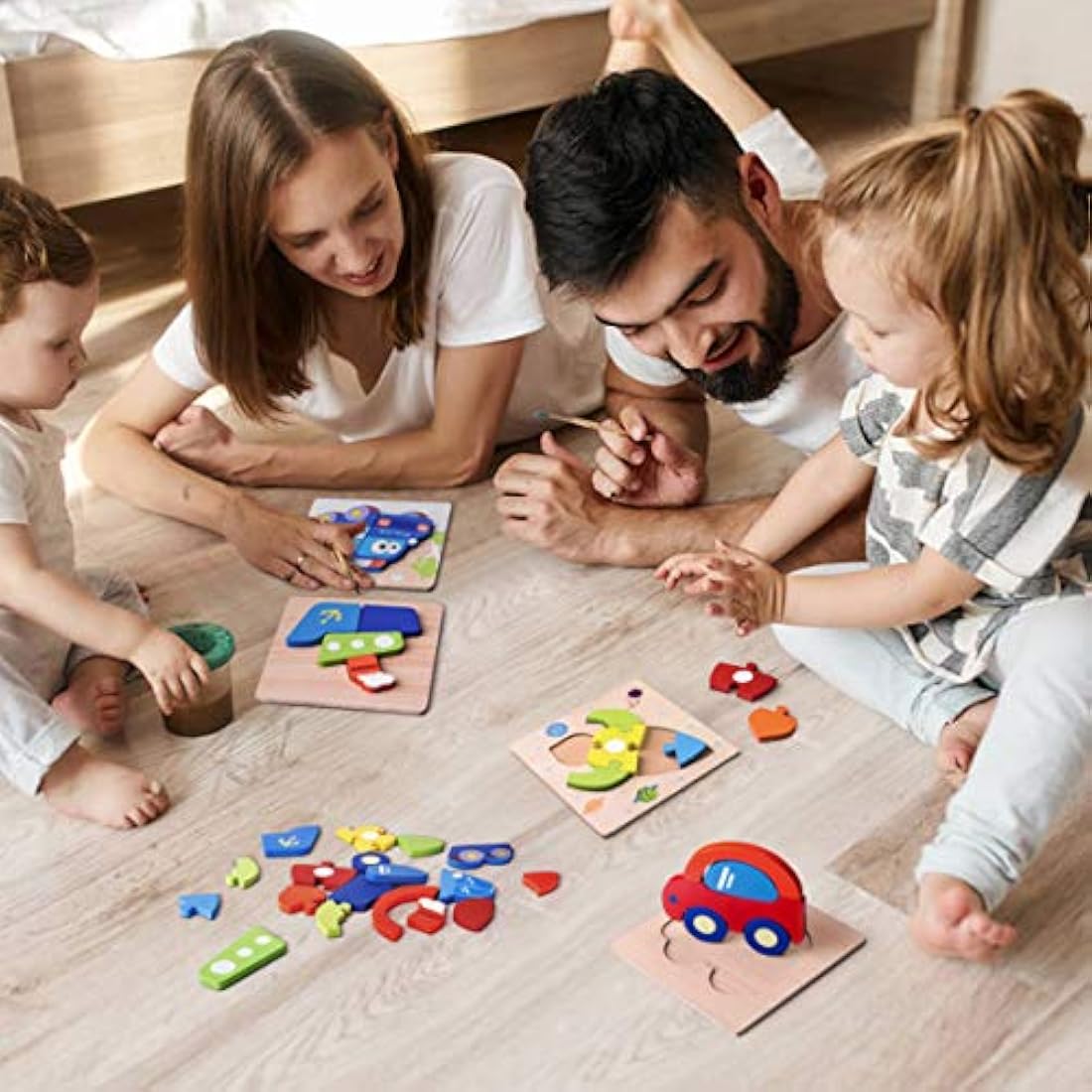 Highttoy Wooden Jigsaws for 1 2 3 Year Olds,5 Pcs Jigsaw Puzzles for Toddlers Traffic Vehicle Chunky Shape Blocks Early Educational Montessori Wooden Toys for 1+ Year Old Boys Girls