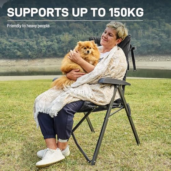 EVER ADVANCED Luxury Camping Chairs 2 Set for Adults Heavy Duty High Back Oversized Folding Garden Chair Comfy Padded 6cm Loadable 150kg Cam Adjustable Dining Chairs 4-Position Recliner Chair Black