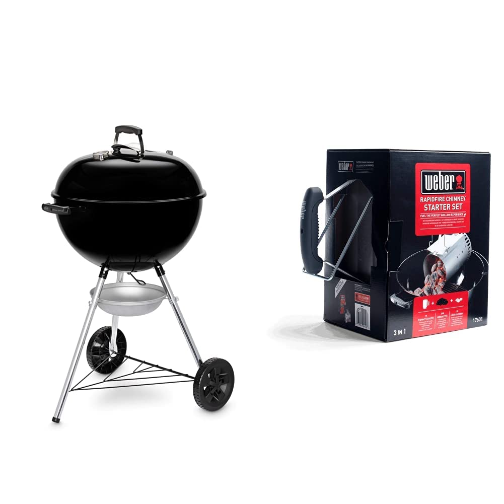 Weber Original Kettle Charcoal Grill, Ø 57cm Grill Area, BBQ Grill with Porcelain-Enamelled Lid & Bowl, Lid Thermometer, One-Touch Cleaning System - Black (14101004)