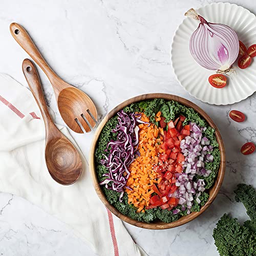 AOOSY Acacia Wooden Salad Bowl and Servers Set,9.5Inchs Solid Wood Saving Bowl with Acacia Wood Spoons Set Salad Mixing Dinner Fork and Spoon Kitchen