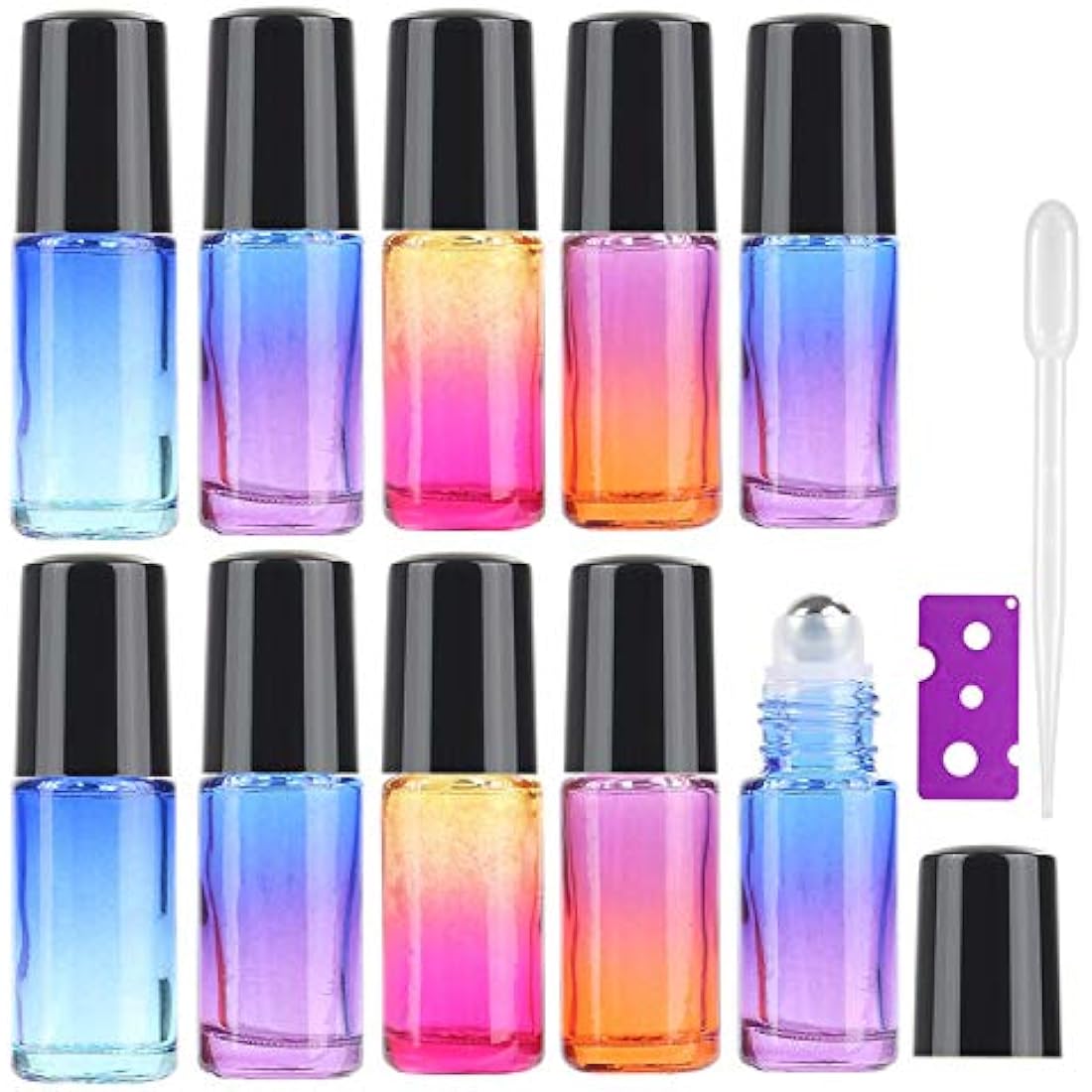 JamHooDirect 10Pcs, 5Ml Essential Oil Roll on Bottles Refillable Rainbow Glass Roller Bottles with Stainless Steel Roller Balls & Black Caps & Bottle Opener, Perfect for Aromatherapy, Fragrance