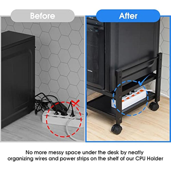 J JACKCUBE DESIGN 2 Tier Computer Tower Stand for Desktop CPU, Gaming PC Holder, Mobile Rolling Cart for Under Desk with Caster Wheels, Office Desk Accessories- MK712A