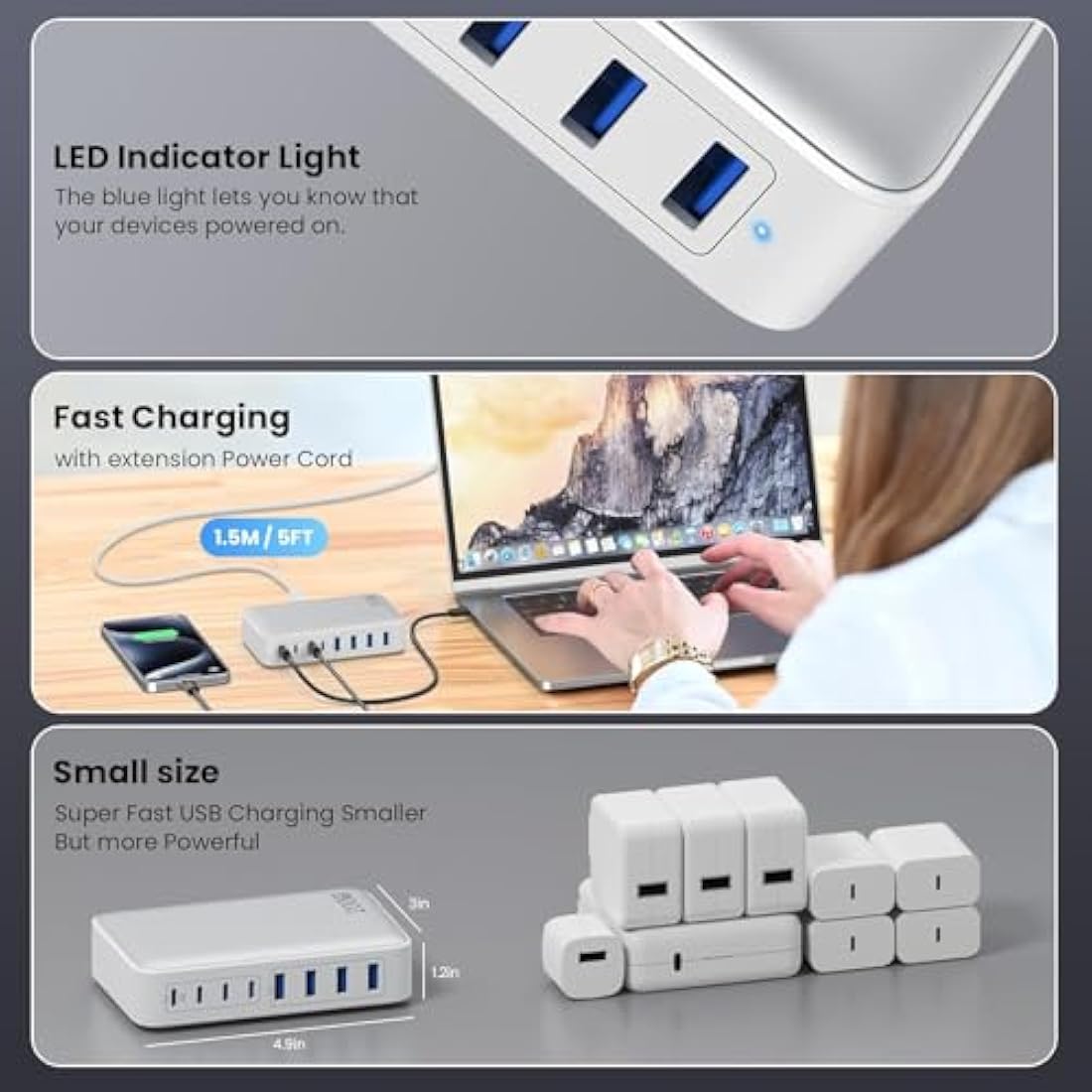 200W USB C Fast Charger Block,Upgraded GaN III 8-Port Charging Station Hub,PD 65W Laptop Charger Power Adapter Compatible with MacBook Pro/Air,Dell XPS, iPhone 16/15/Pro/14,Galaxy S24/S23 etc-White