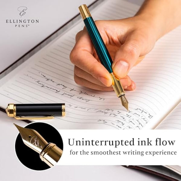 Ellington Pens Luxury Fountain Pen Set- Fountain Pens for Writing - Smooth Nib - Includes Refillable Ink Converter, 3 Ink Cartridges [2 Black & 1 Blue], Gift Box - Elegant Calligraphy