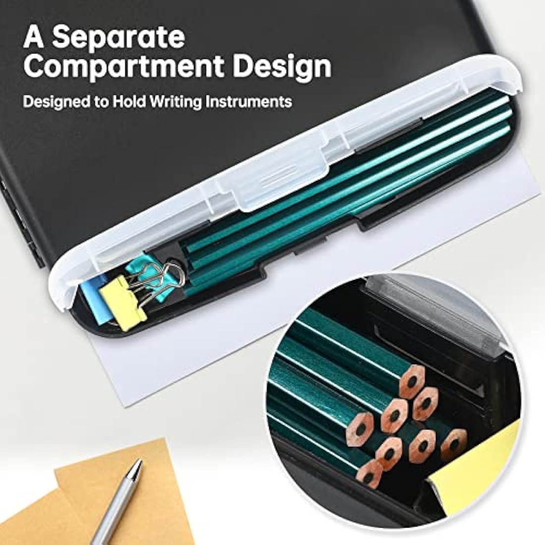 DMFLY Clipboard with Storage, Heavy Duty Clip Boards with Pen Holder, A4 Plastic Clipboards with Compartment, Holds 6+ Pencils and 200+ Sheets, Strong Clipboards with Low Profile Clip, Great for Work