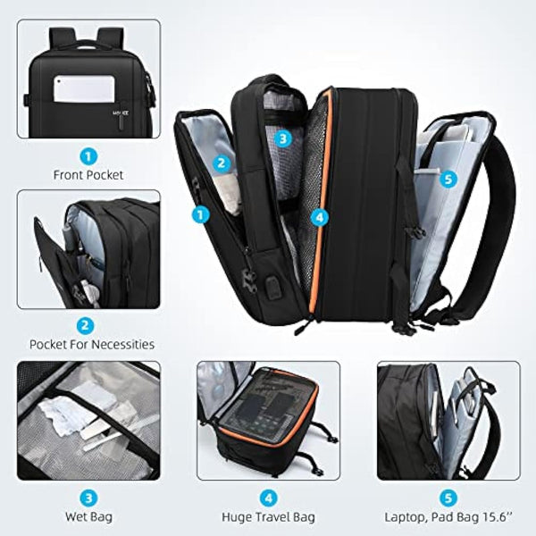 HOMIEE 45x36x20cm Cabin Bag for Easyjet 22L-38L Expandable Carry On Travel Backpack with USB Charging Port Flight Approved Underseat Hand Luggage Bag 15.6 Inch Laptop Rucksack Business School Daypack