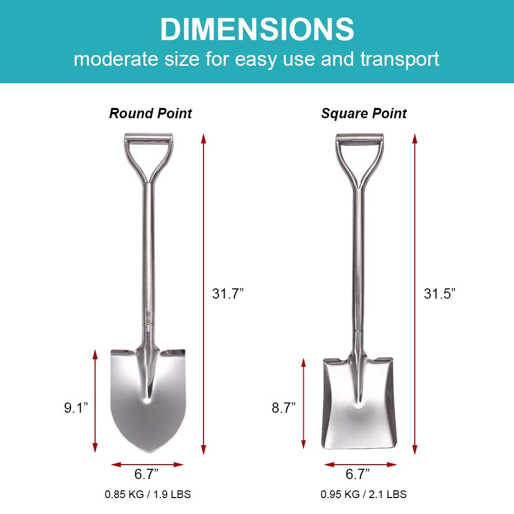 LUBAN Stainless Steel Shovel Length:80 Round Metal Shovel with D Handle Stainless Steel Spade Shovel Pointed Blade Gardening Camping Transplant
