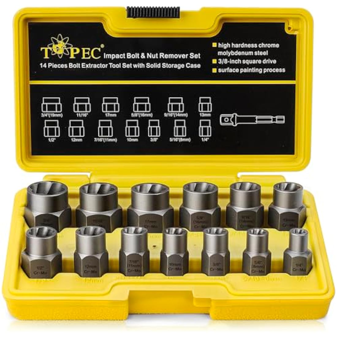 13+1 Piece Impact Bolt & Nut Remover Set - 3/8" Drive with Nut Extractor Socket, Hex Adapter, and Bolt Remover Tool for Damaged, Rusted, or Rounded-Off Bolts, Nuts, and Screws