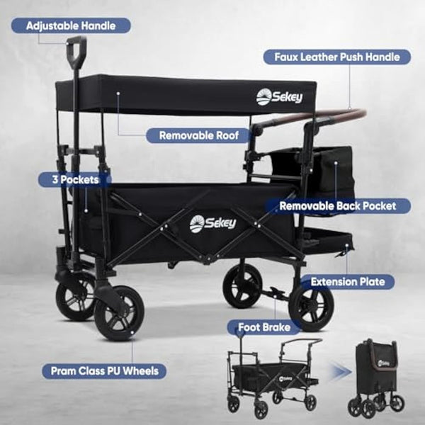 Sekey Kids Folding Handcart Wagon with Removable Canopy, Versatile Foldable Transport Trolley for Family Outings Including Shockproof PU Wheels, 220LBS(100KG) Weight Capacity, Push Handle, Black