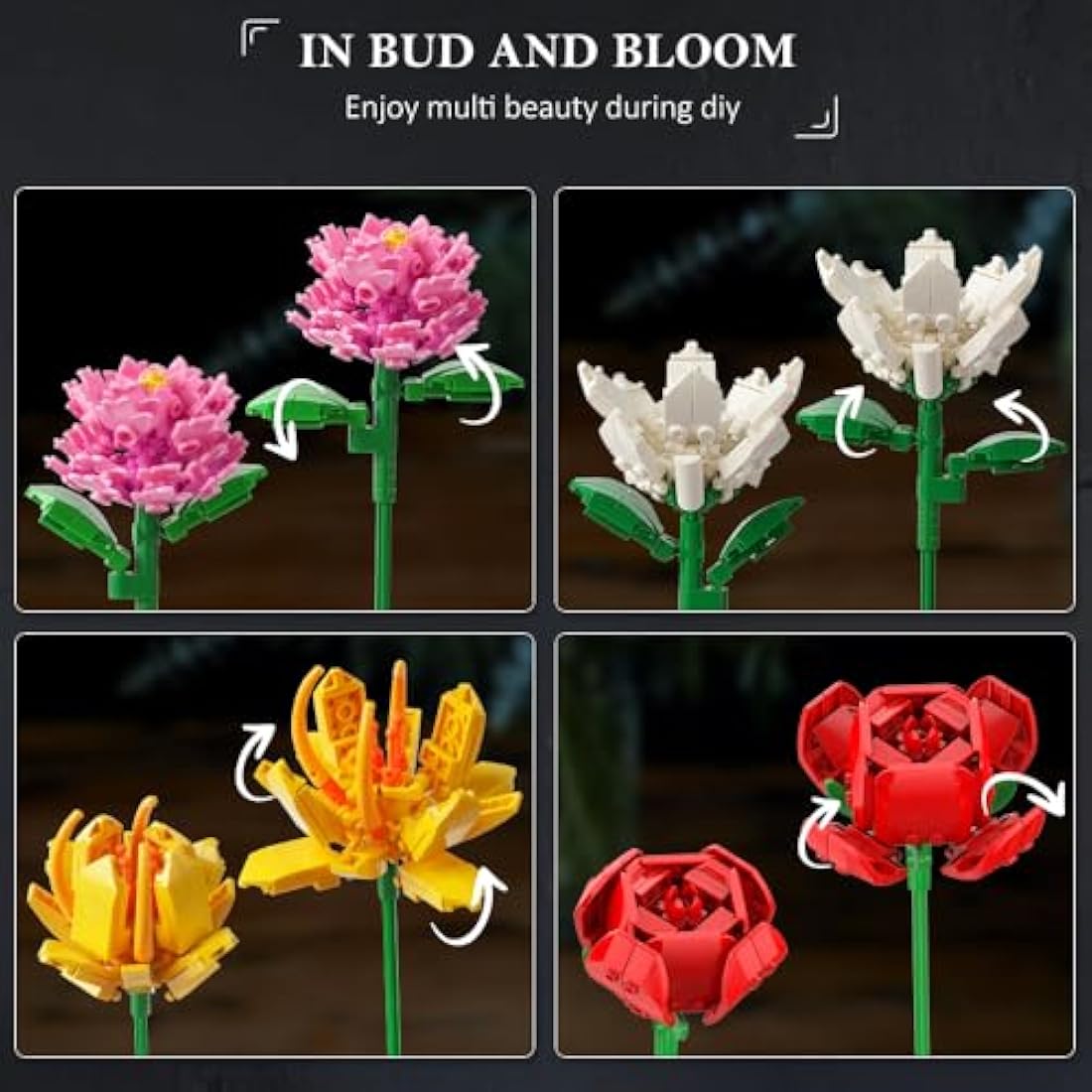 HOGOKIDS Flower Bouquet Set for Mother's Day - 1464PCS Artificial Flowers Botanical Collection | 18 Sticks Ideas Bouquet Gift for Her and Him Decorative Home for Adults Teens Girls Ages 8+