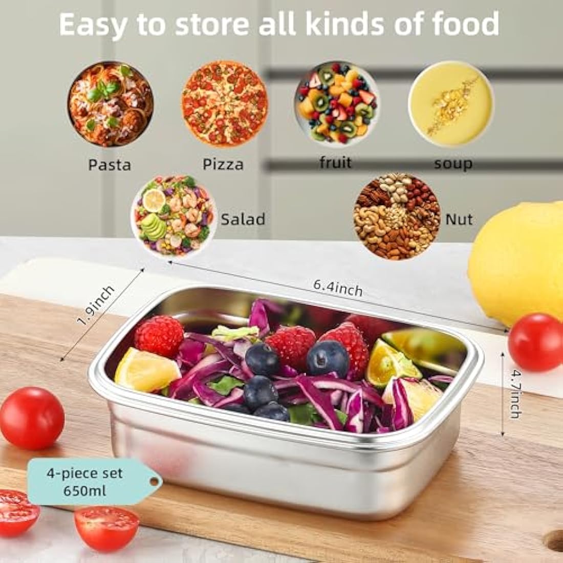 Misichao Stainless Steel Food Storage Containers with Lids - Stackable Meal Prep Food Containers for Kitchen & Pantry, Leakproof, Reusable Metal Bento Lunch Box for Kids Adult 650 ml 4 Count