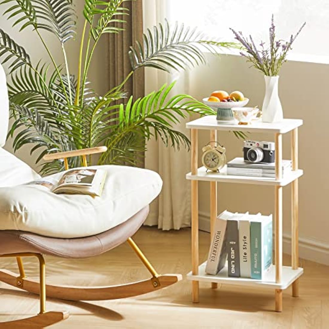 IBUYKE 3-Tier Side Table, Narrow End Table with Storage Shelf, Nightstand Bedside Table for Small Spaces, Bedroom, Living Room, Entryway, Farmhouse, No-Tool Assembly, White WST003W