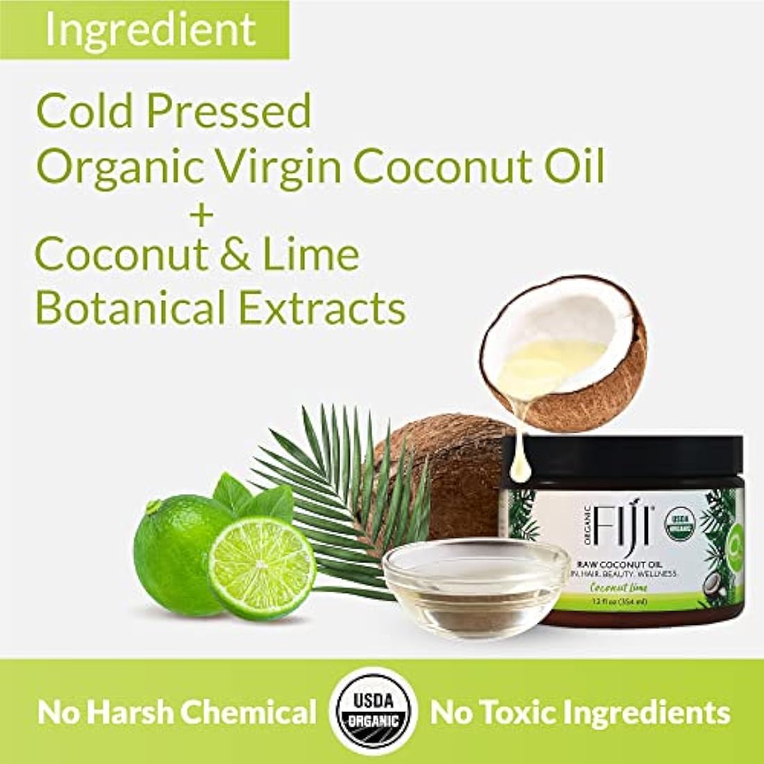 Organic Fiji Raw Cold Pressed Coconut Oil for Hair, Skin, Face & Body | Relaxing Massage Oil | Coconut Lime,12 oz for Women Men & Baby