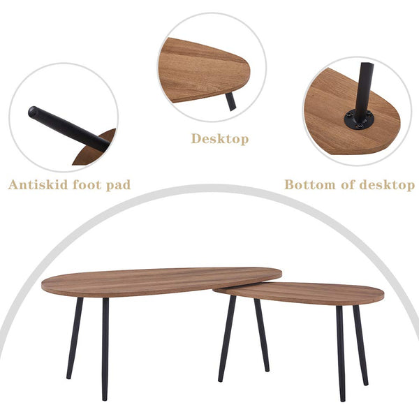 GOLDFAN Triangle Coffee Table Set Nest of 2 Tables Modern Sofa Coffee Side Table Black Metal Table Legs for Living Room, Walnut