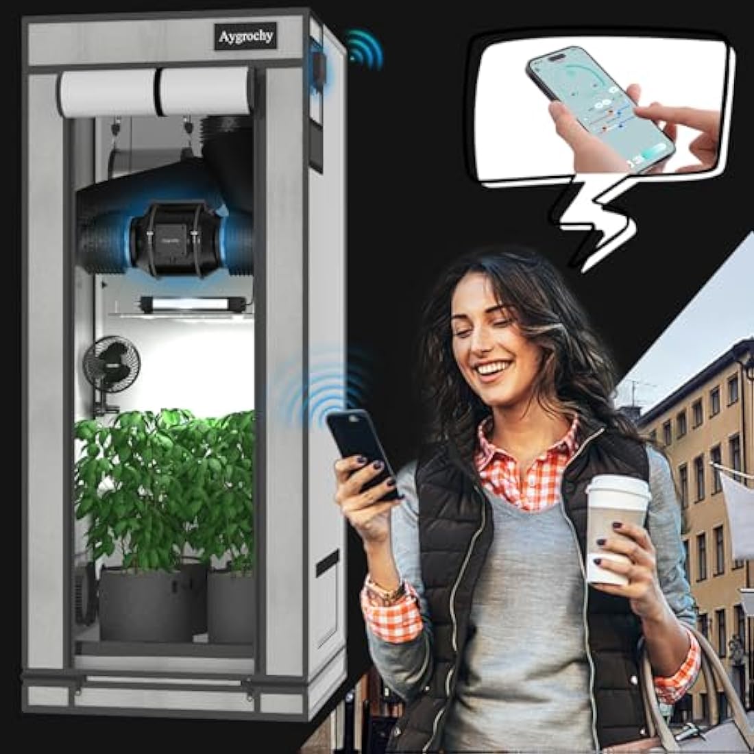 Aygrochy 6 inch wifi APP inline fan with Temperature and Humidity controller, Extractor Fan for Booster, Growth Tents, Ventilation and exhaust fan.