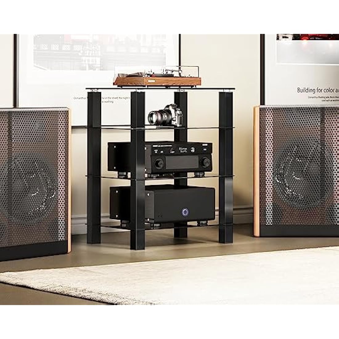 FITUEYES HiFi Rack AV Shelf 4-Tiers Glass TV Stand with Tempered Glass Media Storage Shelves Black