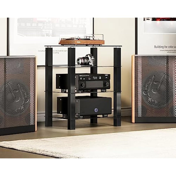 FITUEYES HiFi Rack AV Shelf 4-Tiers Glass TV Stand with Tempered Glass Media Storage Shelves Black