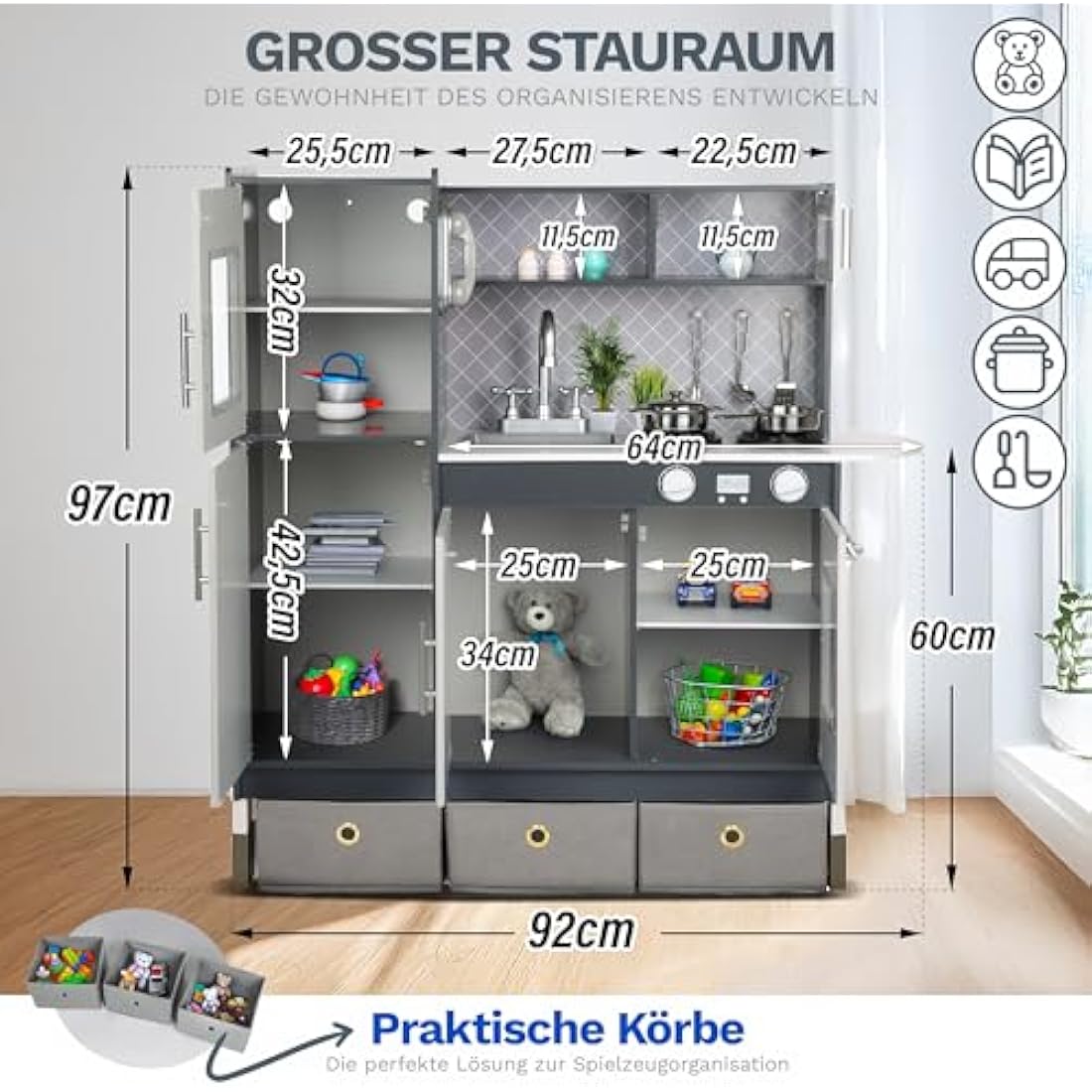 Green Series Kinderplay Large Wooden Play Kitchen - XXL Kids Kitchen for Toddlers & Children, GS0057-1