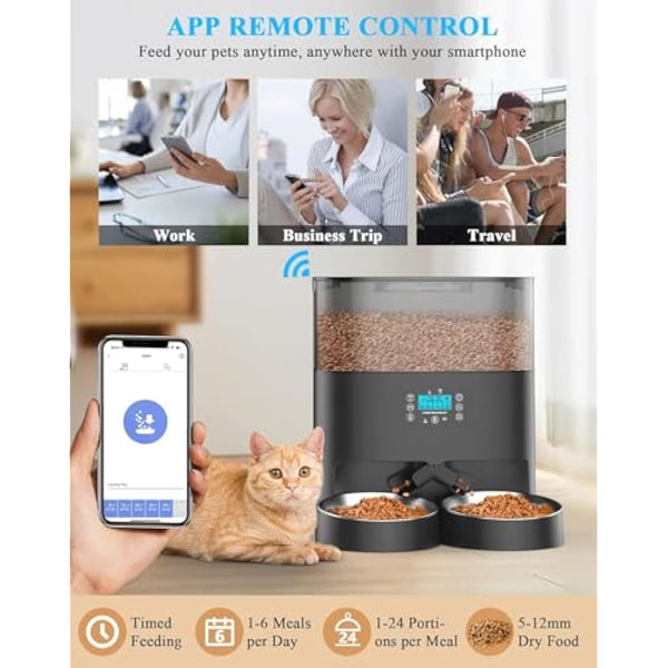 HoneyGuaridan Automatic Cat Feeder 2 Bowls, 6 L Automatic Feeder for Cats with Timer, Splitter and 2 Stainless Steel Bowls, 1-6 Meals a Day & 10s Voice Message - for Small/Medium Pets